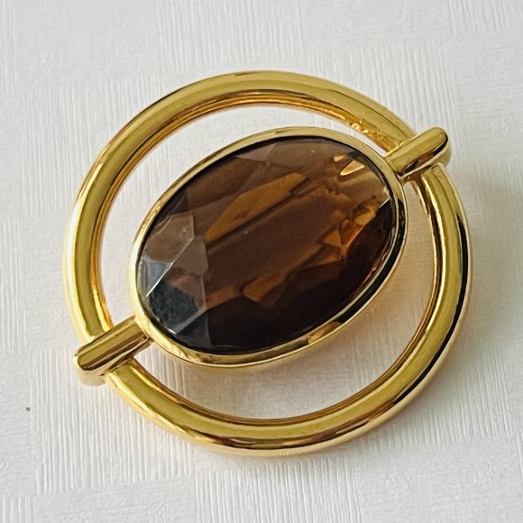 Vintage Luxurious 18K Gold Plated Large Faceted Smoky Topaz Glass Round Brooch - Picture 3 of 7
